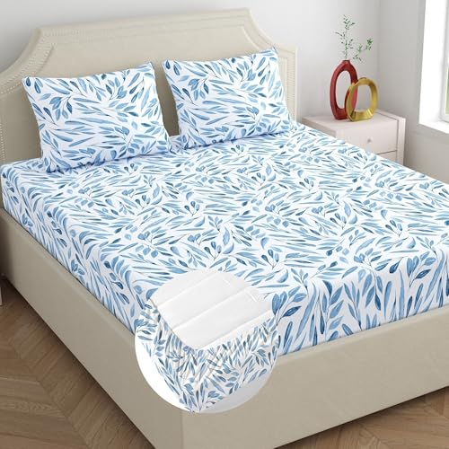 Dreamscape 100% Cotton King Fitted Bedsheet with 2 Pillow Covers - (Size 72 x 78 inches, 140 TC, Colour - Blue: Empire Blue) - Image 1