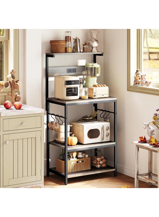 SUPERJARE Kitchen Bakers Rack with Power Outlet, Coffee Bar Table 4 Tiers, Kitchen Microwave Stand with 6 S-Shaped Hooks, Kitchen Storage Shelf Rack for Spices, Pots and Pans - Grey Oak - Image 2