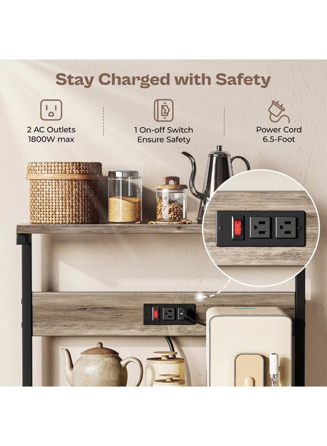 SUPERJARE Kitchen Bakers Rack with Power Outlet, Coffee Bar Table 4 Tiers, Kitchen Microwave Stand with 6 S-Shaped Hooks, Kitchen Storage Shelf Rack for Spices, Pots and Pans - Grey Oak - Image 3