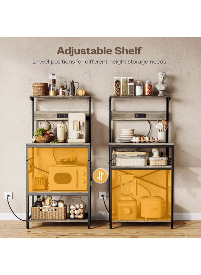 SUPERJARE Kitchen Bakers Rack with Power Outlet, Coffee Bar Table 4 Tiers, Kitchen Microwave Stand with 6 S-Shaped Hooks, Kitchen Storage Shelf Rack for Spices, Pots and Pans - Grey Oak - Image 4