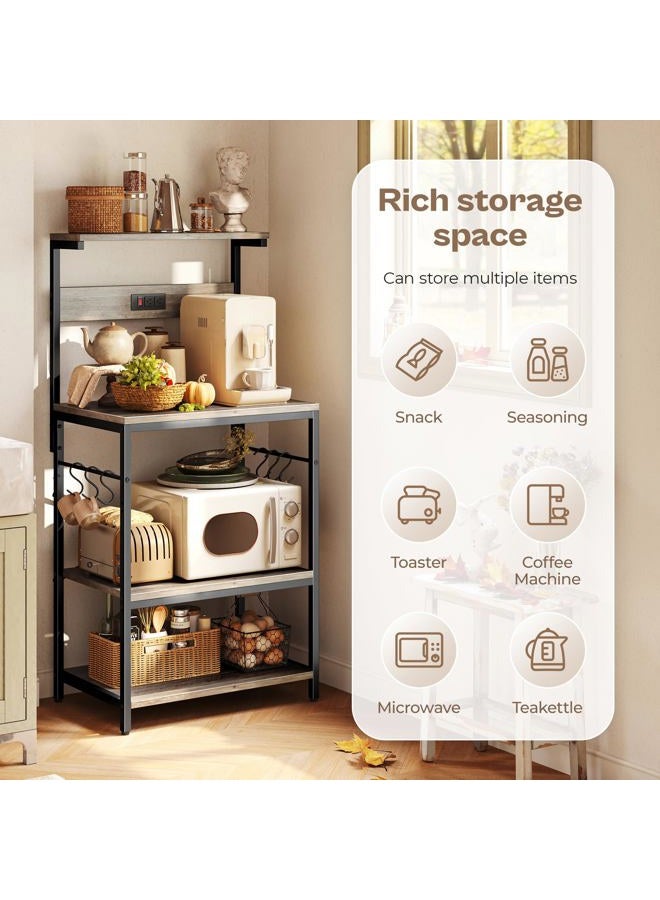 SUPERJARE Kitchen Bakers Rack with Power Outlet, Coffee Bar Table 4 Tiers, Kitchen Microwave Stand with 6 S-Shaped Hooks, Kitchen Storage Shelf Rack for Spices, Pots and Pans - Grey Oak - Image 5