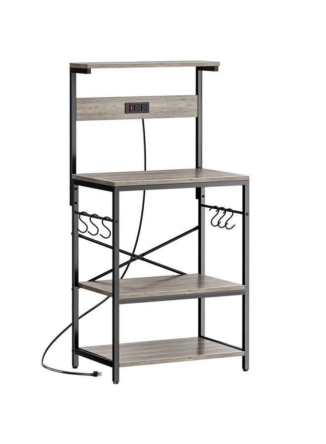 SUPERJARE Kitchen Bakers Rack with Power Outlet, Coffee Bar Table 4 Tiers, Kitchen Microwave Stand with 6 S-Shaped Hooks, Kitchen Storage Shelf Rack for Spices, Pots and Pans - Grey Oak - Image 1
