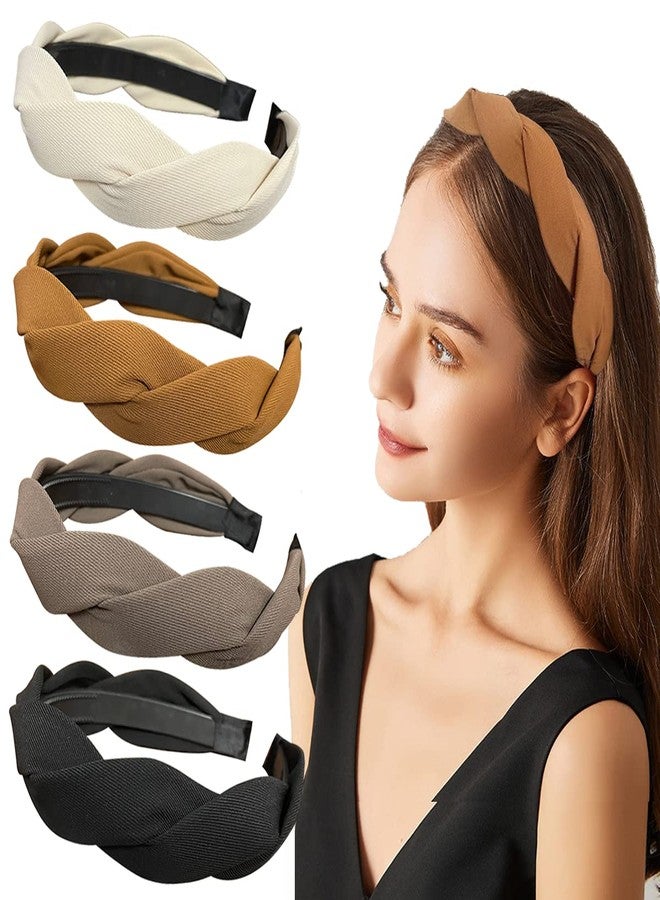 Springtime Set of 4 Fashion Solid Headbands for Women Girls 1.2inch Wide Braided Headband Fabric Hairbands with Tooth Non Slip Hairhoop Accesorries - Image 1