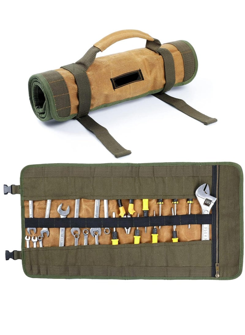 Zikra Tool Roll, 16OZ Waxed Canvas Roll Up Tool Pouch with Handle & 23 Pockets & 2 Adjustable Buckles Multi Purpose Rolled Tool Bag for Wrench Chisel Hammer - Image 1