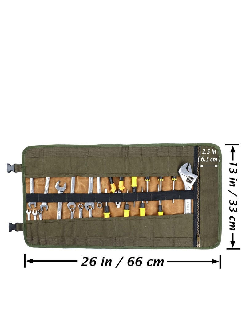 Zikra Tool Roll, 16OZ Waxed Canvas Roll Up Tool Pouch with Handle & 23 Pockets & 2 Adjustable Buckles Multi Purpose Rolled Tool Bag for Wrench Chisel Hammer - Image 2
