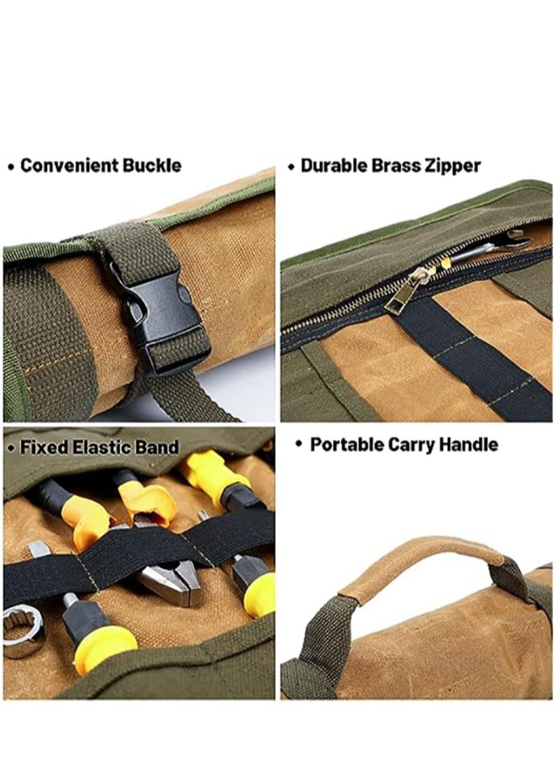 Zikra Tool Roll, 16OZ Waxed Canvas Roll Up Tool Pouch with Handle & 23 Pockets & 2 Adjustable Buckles Multi Purpose Rolled Tool Bag for Wrench Chisel Hammer - Image 4