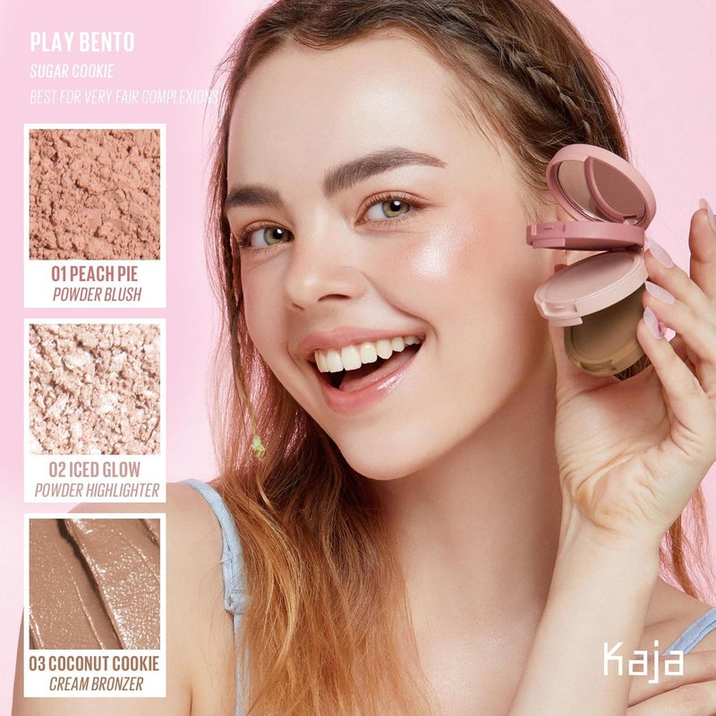 KAJA 3 Colors Palette - Play Bento - Sugar Cookie - 3 in 1 Face Palette with Blush, Highlighter & Bronzer - Warm Rose, Champagne Peach & Caramel Bronze Shades - Blendable, Lightweight Makeup Trio - Image 2