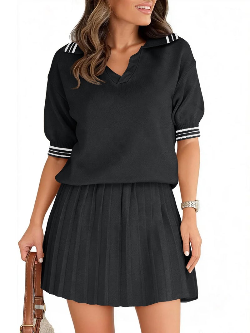 Fisoew Womens Summer 2 Piece Skirt Sets Short Sleeve V Neck Knit Sweater Tops Pleated Mini Skirt Casual Beach Outfits - Image 1