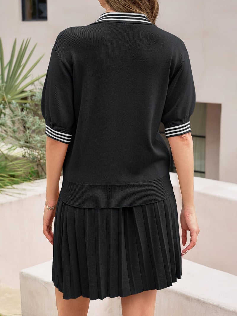 Fisoew Womens Summer 2 Piece Skirt Sets Short Sleeve V Neck Knit Sweater Tops Pleated Mini Skirt Casual Beach Outfits - Image 5