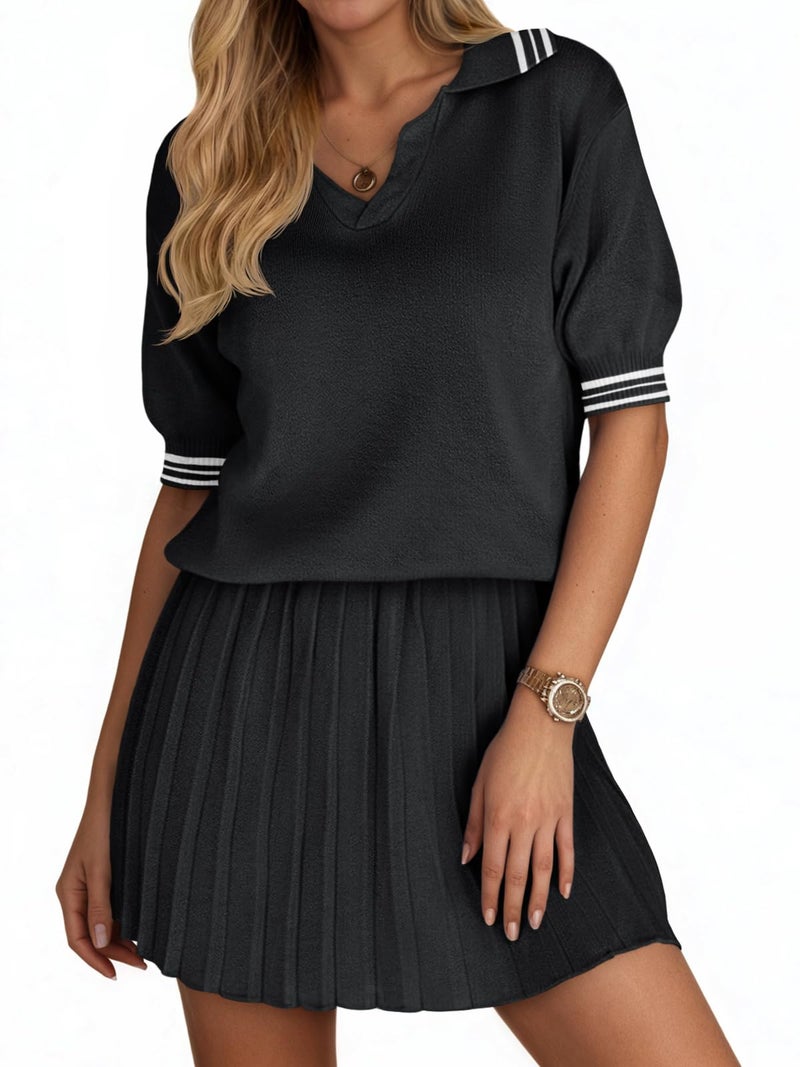 Fisoew Womens Summer 2 Piece Skirt Sets Short Sleeve V Neck Knit Sweater Tops Pleated Mini Skirt Casual Beach Outfits - Image 2