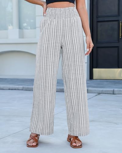 GRAPENT Breathable Linen Pants Striped Wide Leg Baggy Pants Women High Waisted Summer Slacks Comfy Loose Fit Smocked Palazzos for Beach Vacation Color Gray Size 4 to 6 - Image 3