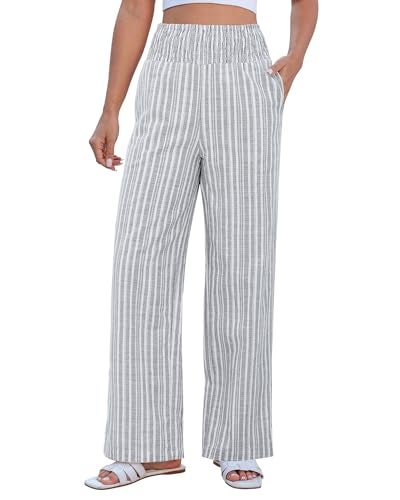GRAPENT Breathable Linen Pants Striped Wide Leg Baggy Pants Women High Waisted Summer Slacks Comfy Loose Fit Smocked Palazzos for Beach Vacation Color Gray Size 4 to 6 - Image 1