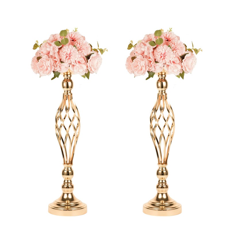 LANLONG 2pcs Metal Gold Candle Holders Road Lead Table Centerpiece Stand Pillar Candlestick for Wedding Candelabra Flowers Vases