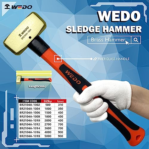 WEDO Brass Sledge Hammer 2 lb Club Hammer with Fiberglass Handle Drilling Hammer Crack Hammer DieForge Corrosion Resistant DIN Standard 125 Length - Image 3