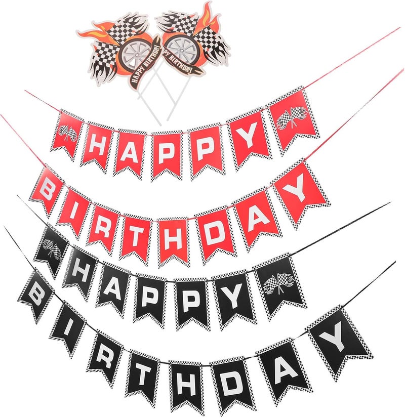 UKCOCO Checkered Racing Flags Banner Set, 4pcs Race Car Party Decorations with Black and Red Flags, Racing Birthday Supplies for Boys’ Race Theme Celebration - Image 1