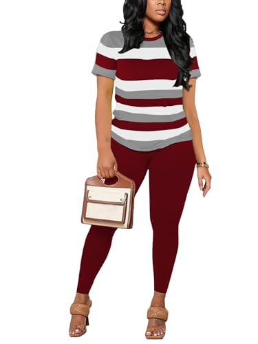HBQ Women 2 Piece Outfits Summer Sweatsuits Slim Fit Track Suits Biker Short Workout Jogger Sets Stripe 2XL - Image 2