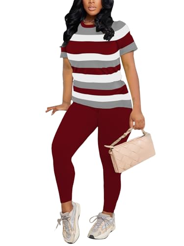 HBQ Women 2 Piece Outfits Summer Sweatsuits Slim Fit Track Suits Biker Short Workout Jogger Sets Stripe 2XL - Image 3
