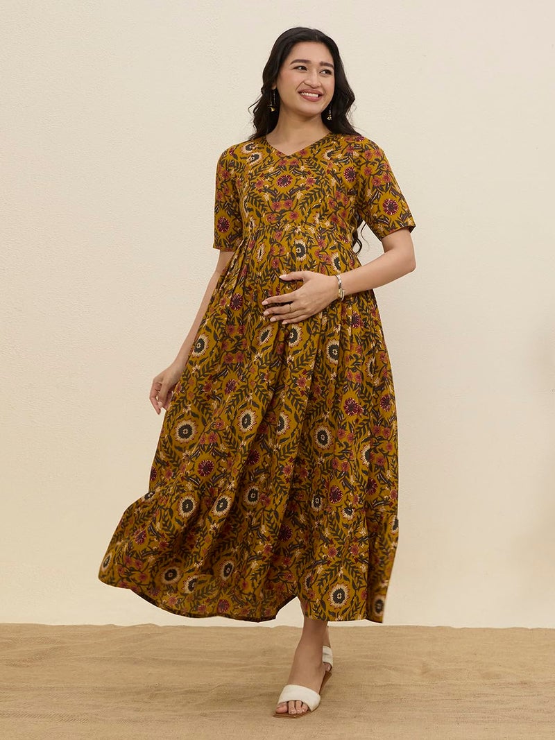 MomToBe Cotton Maternity Feeding Kurti Dress for Women | Pregnancy Dress with Concealed Zippers | Soft Breathable Fabric | Comfortable Calf-Length Outfit (Mustrad Yellow, Medium) - Image 2