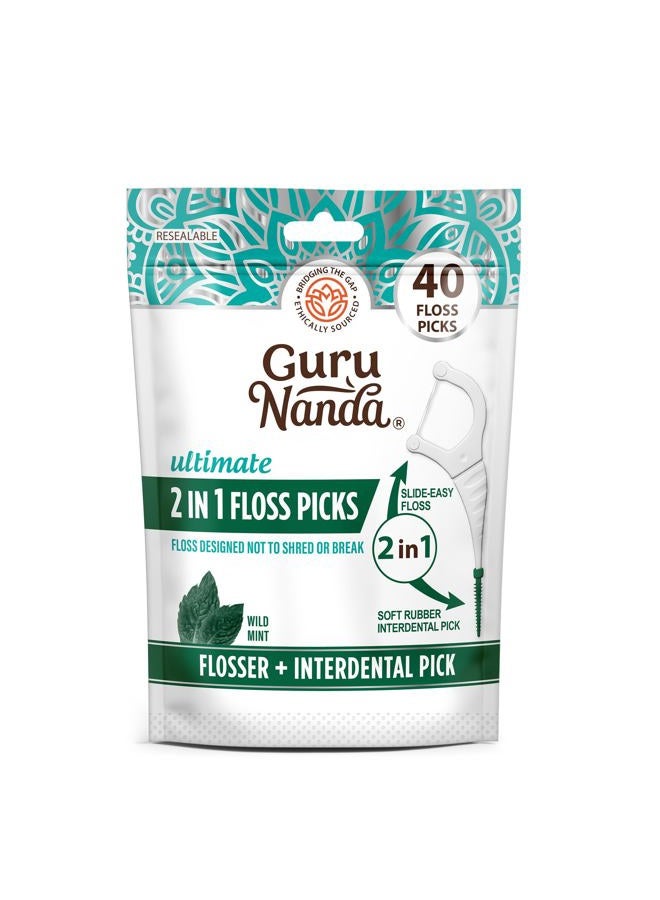 GuruNanda 2 in 1 Dental Floss Picks - Non-Slip Grip Handle, Slide Easy, No Break or Shred Flosser - Complete Oral Care with Interdental Pick for Healthy Teeth & Gums - Mint Flavor, 40 Count (1 Pack) - Image 1