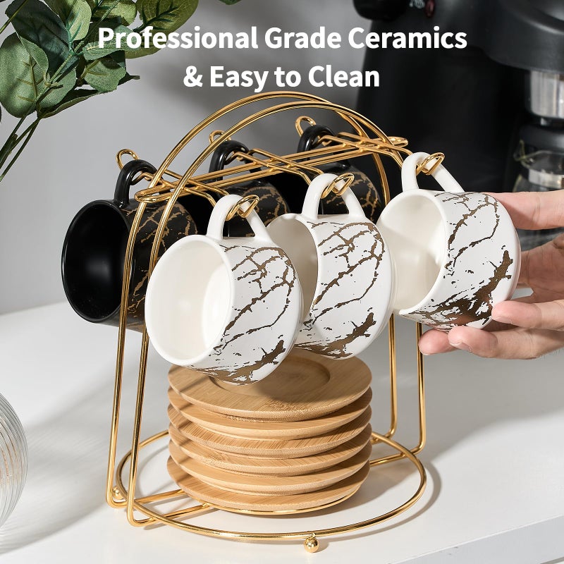 LUKA Ceramic Espresso Cups with Saucers and Metal Stand, Small 4 oz Porcelain Demitasse Cups Set of 6, Cute Cappuccino Coffee Cups for Double Espresso, Tea, Marbling White & Black - Image 5
