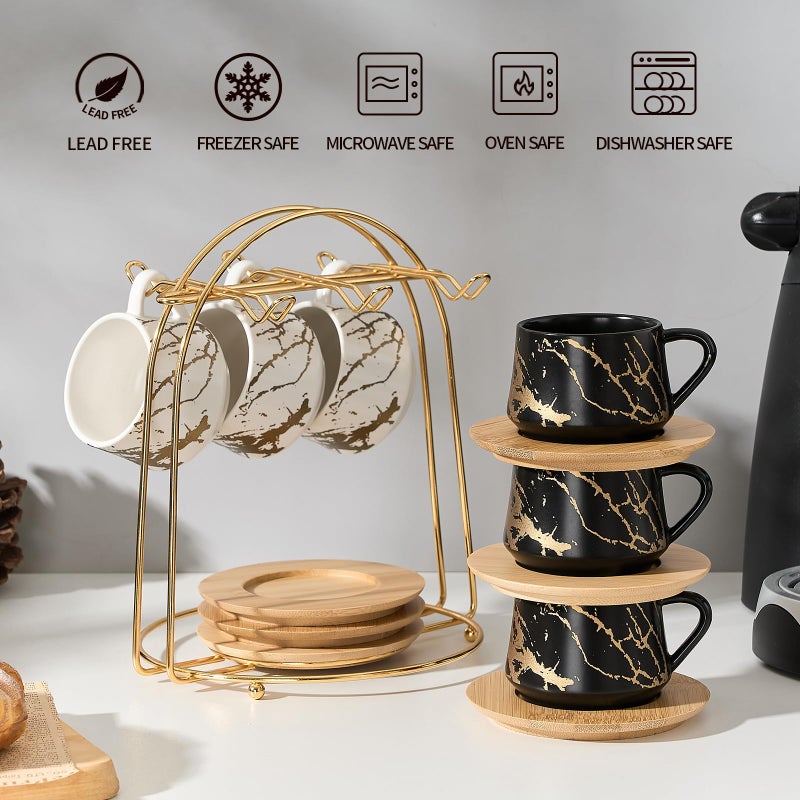 LUKA Ceramic Espresso Cups with Saucers and Metal Stand, Small 4 oz Porcelain Demitasse Cups Set of 6, Cute Cappuccino Coffee Cups for Double Espresso, Tea, Marbling White & Black - Image 4