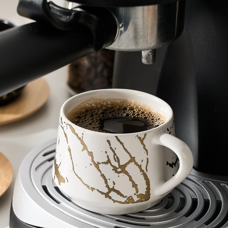 LUKA Ceramic Espresso Cups with Saucers and Metal Stand, Small 4 oz Porcelain Demitasse Cups Set of 6, Cute Cappuccino Coffee Cups for Double Espresso, Tea, Marbling White & Black - Image 2