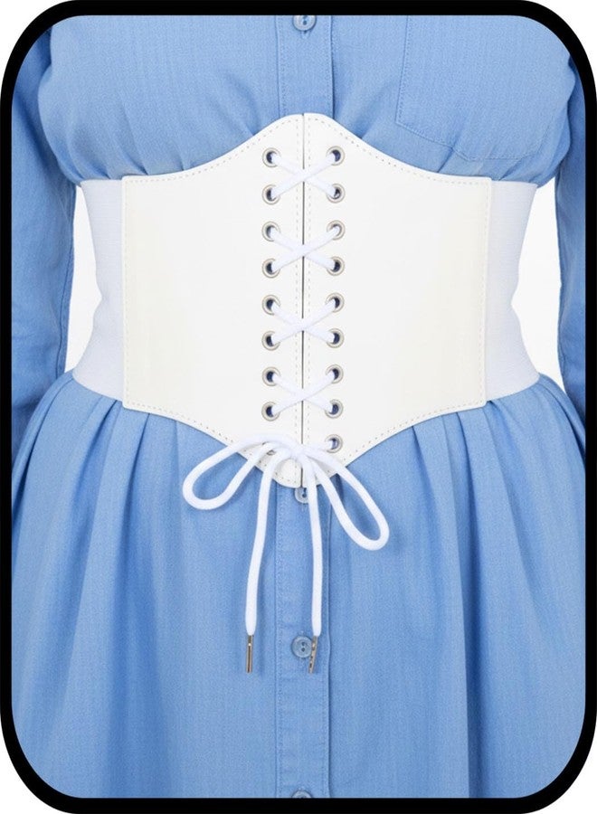 Urieo Lace-up White Corset Belt Leather Stretchy Waist Cincher Belt Wide Underbust Halloween Dress Waspie Belts for Women - Image 1