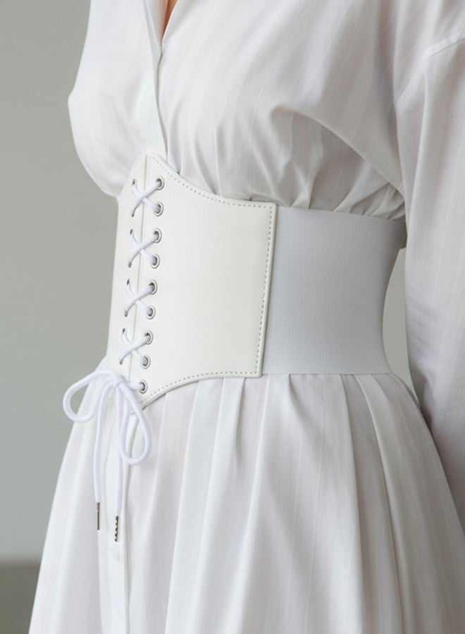 Urieo Lace-up White Corset Belt Leather Stretchy Waist Cincher Belt Wide Underbust Halloween Dress Waspie Belts for Women - Image 2