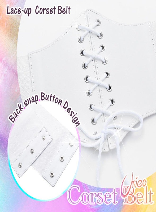 Urieo Lace-up White Corset Belt Leather Stretchy Waist Cincher Belt Wide Underbust Halloween Dress Waspie Belts for Women - Image 3