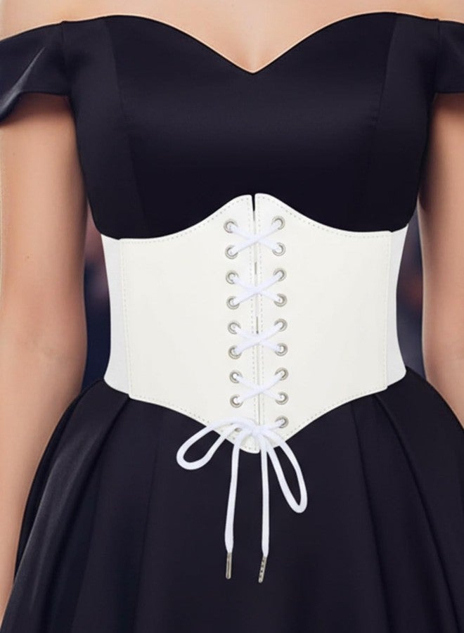 Urieo Lace-up White Corset Belt Leather Stretchy Waist Cincher Belt Wide Underbust Halloween Dress Waspie Belts for Women - Image 4