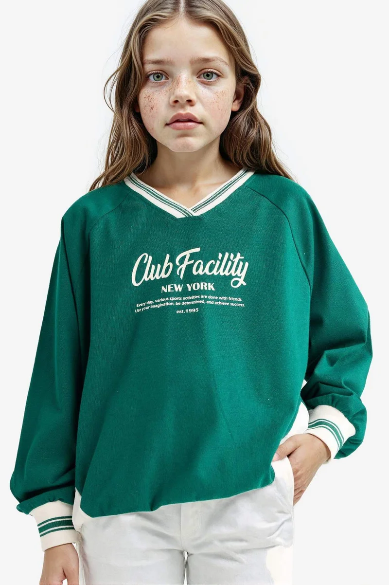 DeFacto Girl Oversize V-Neck Printed Sweatshirt