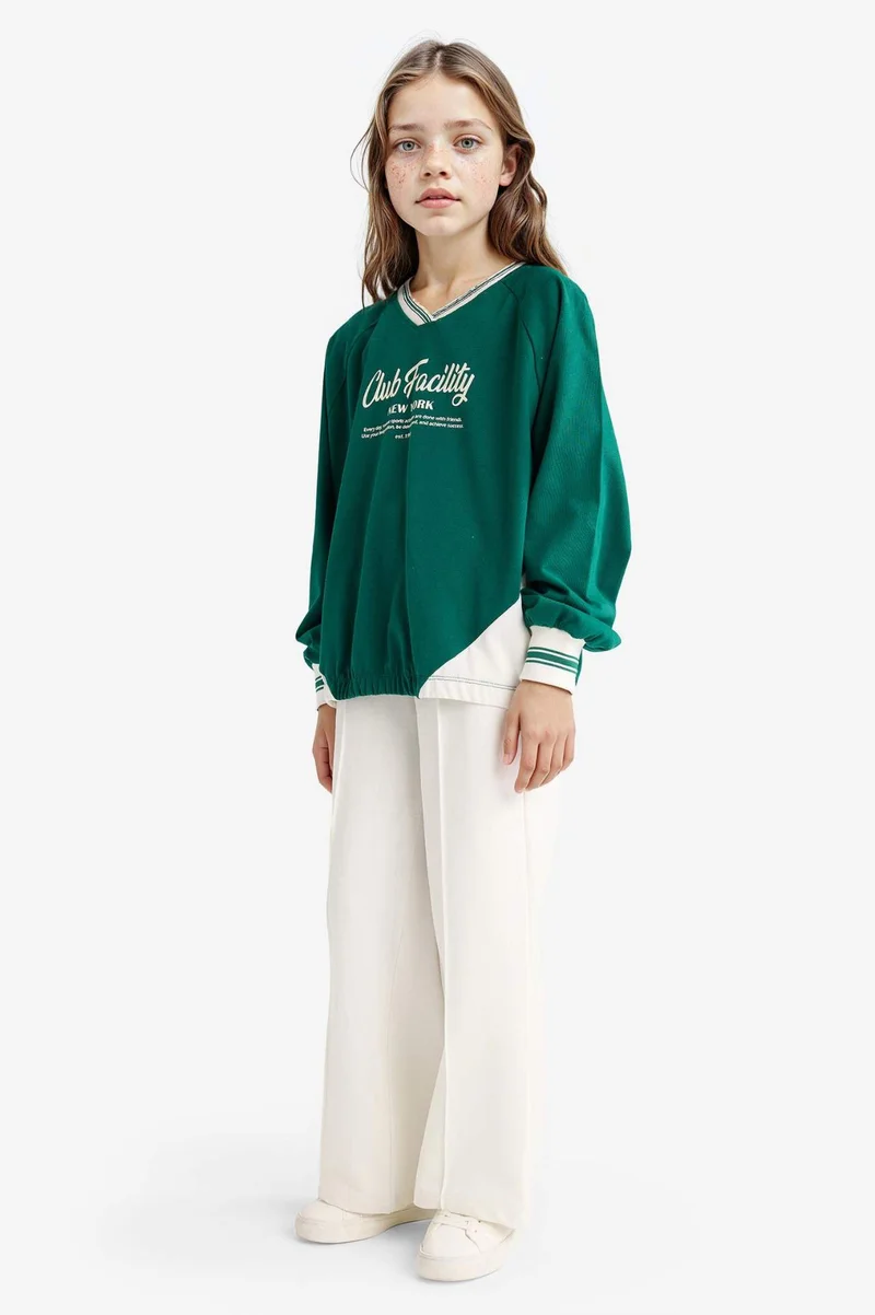 DeFacto Girl Oversize V-Neck Printed Sweatshirt