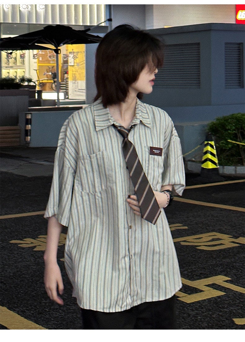 Ja1 never stays up late, Japanese retro Hong Kong-style striped shirt, women's short-sleeved and youthful neutral loose top for men - Image 1