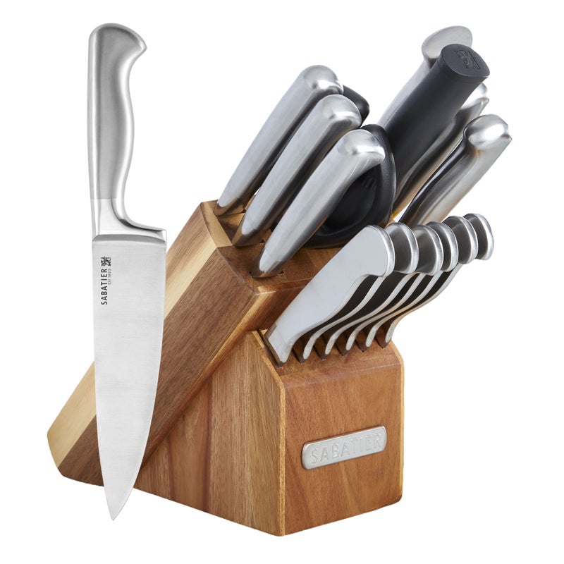 Sabatier 15Piece Forged Stainless Steel Knife Block Set HighCarbon Stainless Steel Kitchen Knives RazorSharp Knife set with Acacia Wood Block Stainless Steel Handles