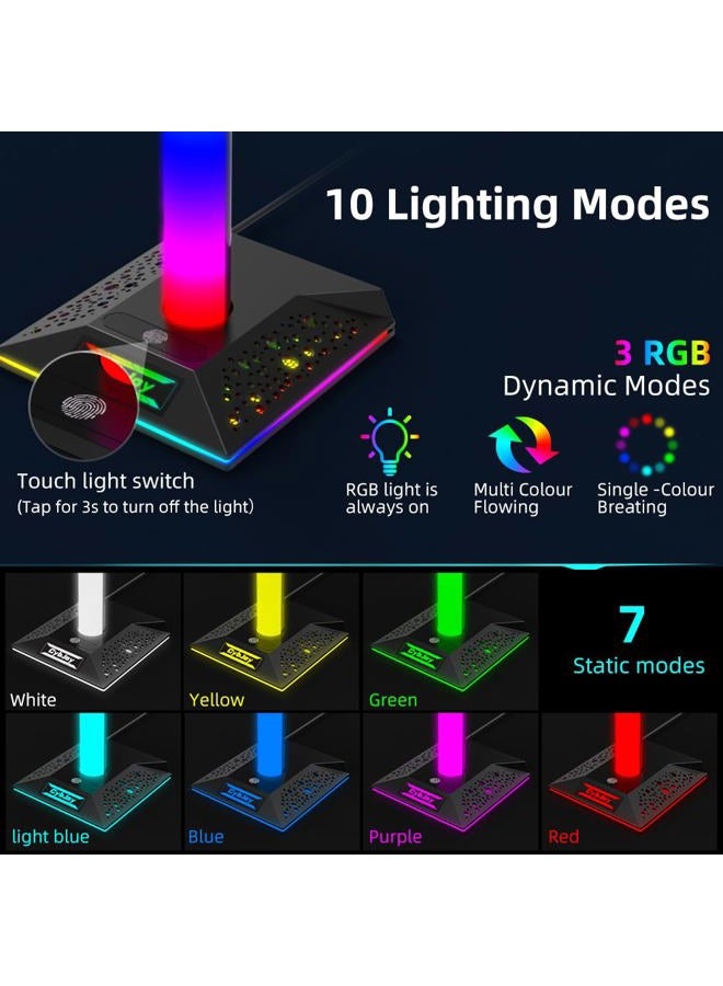 CybJoy RGB Headset Stand, Gaming Headphone Stand with 2 USB Charging Ports,10 Light Modes Headset Holder PC Gaming Accessories, Suitable for All Earphone Accessories, Gift for Boys Men Gamers - Image 3