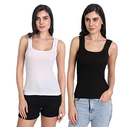 Aimly Women's Cotton Sleeveless White & Black Tank top Camisole Slip Spaghetti (Pack of 2) - Image 1