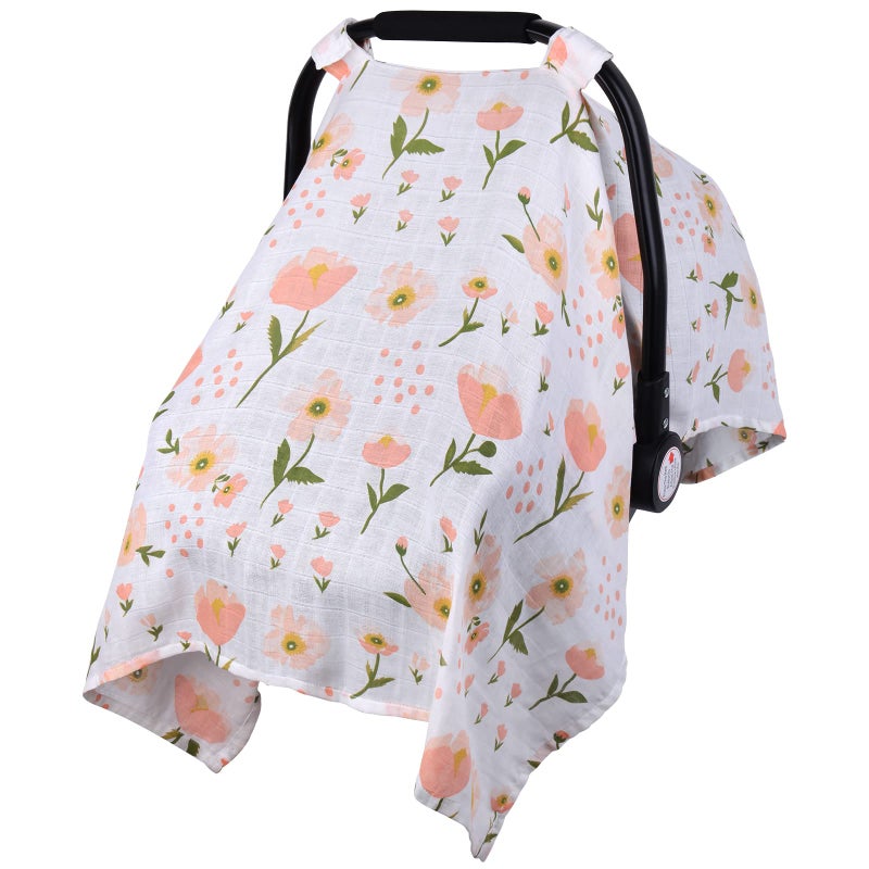 Metplus غطاء مقعد السيارة من موسلين للأطفال، غطاء مقعد السيارة القابل للتنفس من متبلس، غطاء حامل الأطفال الخفيف للفتيات والفتيان، مناسب لفصل الربيع والصيف/الأيام الحارة/الطقس الدافئ، زهور وردية - Image 1