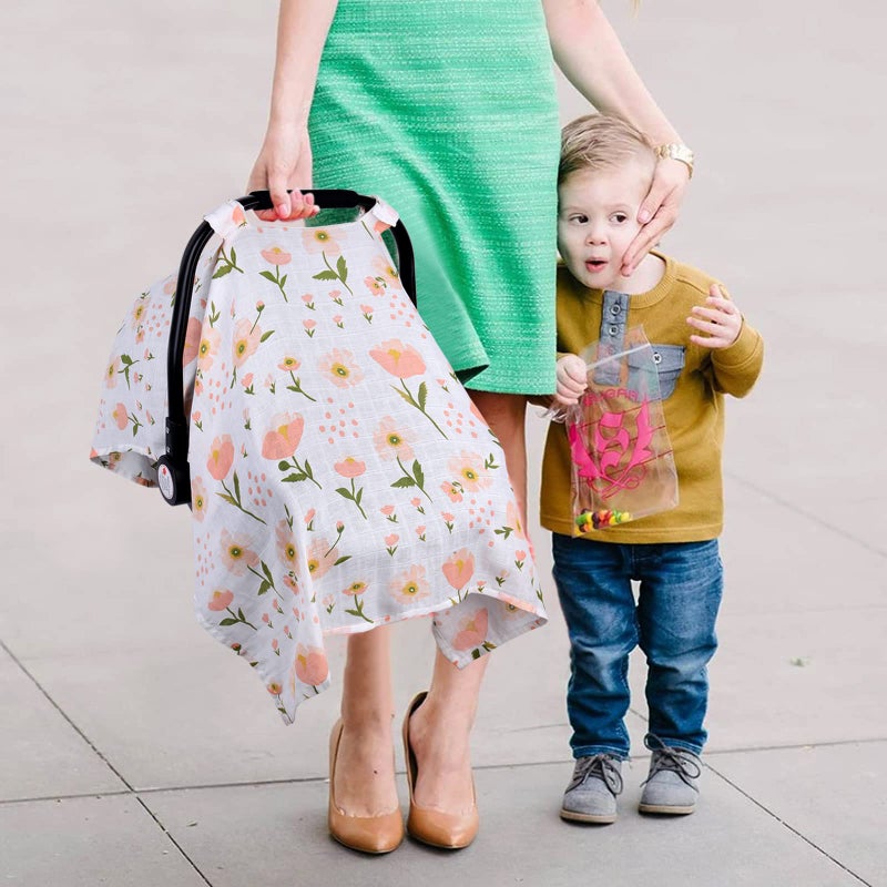 Metplus غطاء مقعد السيارة من موسلين للأطفال، غطاء مقعد السيارة القابل للتنفس من متبلس، غطاء حامل الأطفال الخفيف للفتيات والفتيان، مناسب لفصل الربيع والصيف/الأيام الحارة/الطقس الدافئ، زهور وردية - Image 5