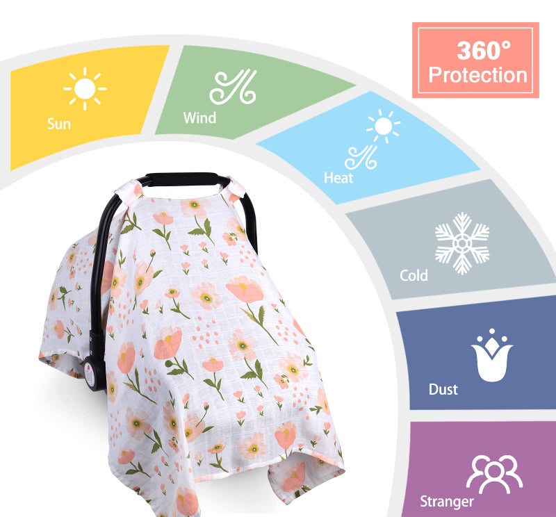 Metplus غطاء مقعد السيارة من موسلين للأطفال، غطاء مقعد السيارة القابل للتنفس من متبلس، غطاء حامل الأطفال الخفيف للفتيات والفتيان، مناسب لفصل الربيع والصيف/الأيام الحارة/الطقس الدافئ، زهور وردية - Image 4