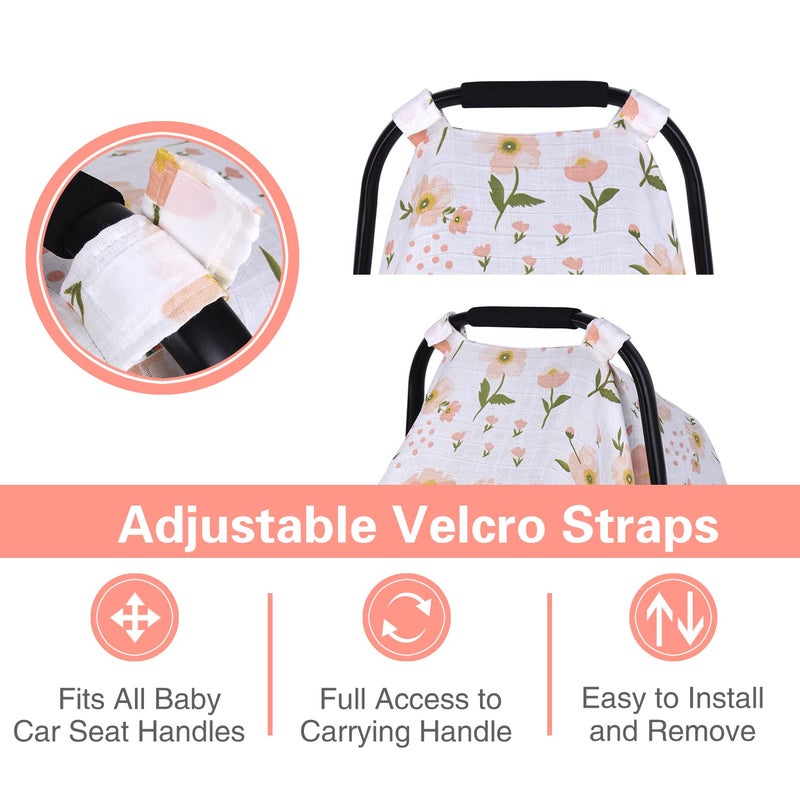 Metplus غطاء مقعد السيارة من موسلين للأطفال، غطاء مقعد السيارة القابل للتنفس من متبلس، غطاء حامل الأطفال الخفيف للفتيات والفتيان، مناسب لفصل الربيع والصيف/الأيام الحارة/الطقس الدافئ، زهور وردية - Image 2