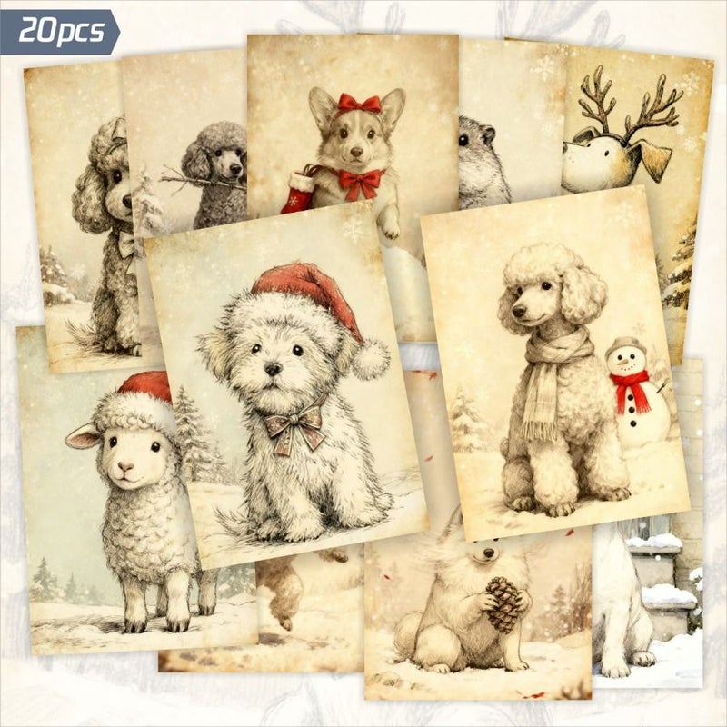 Retro Winter Christmas Cute Dog 20 Pack Vintage Postcards 4x6 Inch Nostalgic Poodle Pomeranian Shih Tzu Jack Russell Terrier Collection Cards Snow Scenes Rabbits Hedgehogs Squirrels Sheep Adorable Animals - Image 1