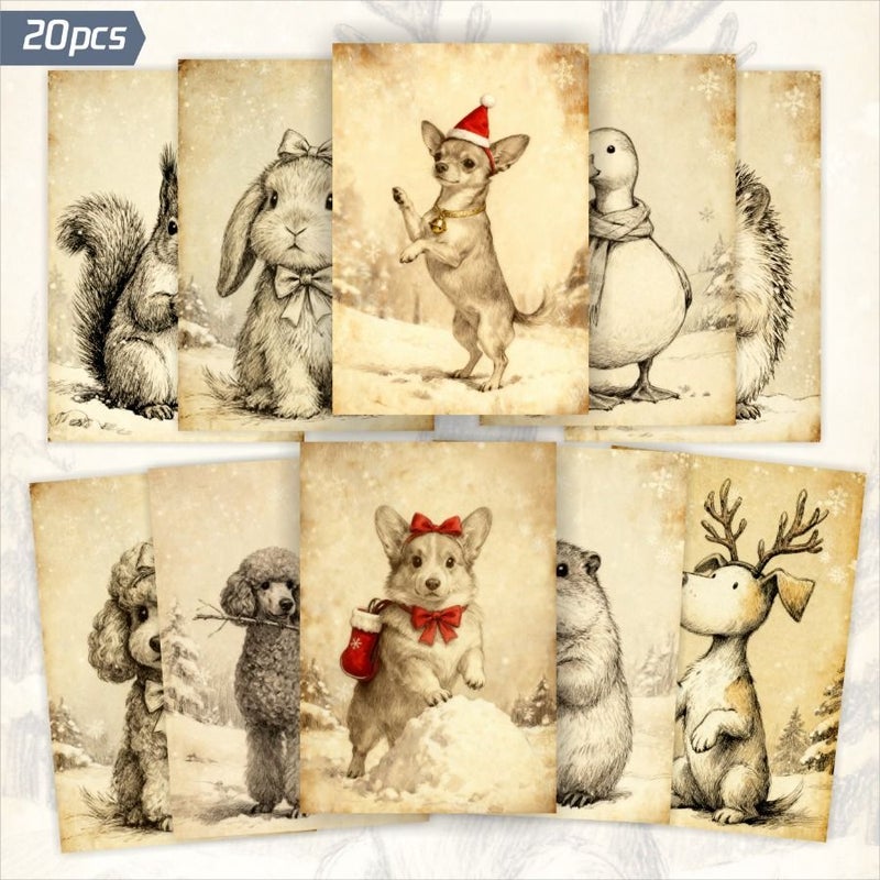 Retro Winter Christmas Cute Dog 20 Pack Vintage Postcards 4x6 Inch Nostalgic Poodle Pomeranian Shih Tzu Jack Russell Terrier Collection Cards Snow Scenes Rabbits Hedgehogs Squirrels Sheep Adorable Animals - Image 4