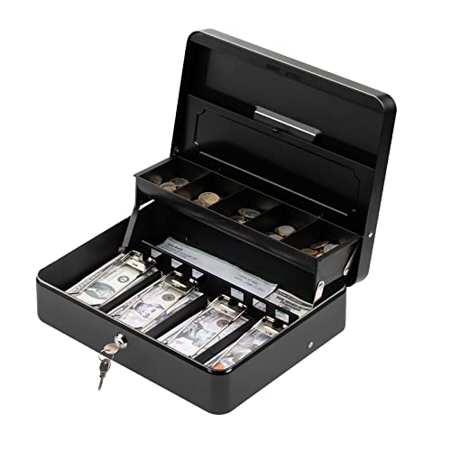 Tera Cash Box with Key Lock: Anti Theft Safe Lock Box with Money Tray 4 Bill 5 Coin Inner Tray 11.8" x 9.4" x 3.5" Large Capacity Rounded Corners for Small Businesses Yard Sale Home KL380 - Image 1