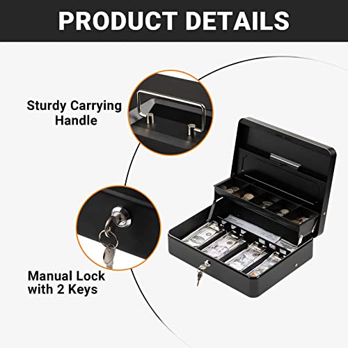 Tera Cash Box with Key Lock: Anti Theft Safe Lock Box with Money Tray 4 Bill 5 Coin Inner Tray 11.8" x 9.4" x 3.5" Large Capacity Rounded Corners for Small Businesses Yard Sale Home KL380 - Image 3