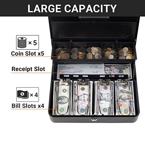 Tera Cash Box with Key Lock: Anti Theft Safe Lock Box with Money Tray 4 Bill 5 Coin Inner Tray 11.8" x 9.4" x 3.5" Large Capacity Rounded Corners for Small Businesses Yard Sale Home KL380 - Image 4