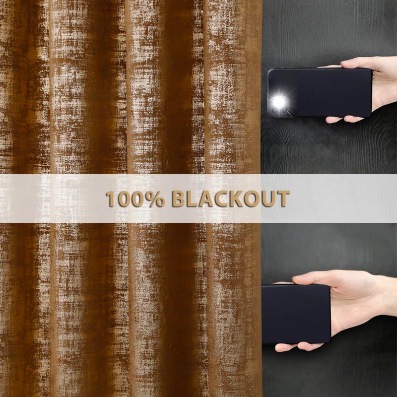 always4u 100% Blackout Soft Velvet Curtains for Bedroom Living Room Thermal Energy Saving 108 Inches Long Luxury Gold Foil Print Drapes 2 Panels Caramel - Image 5