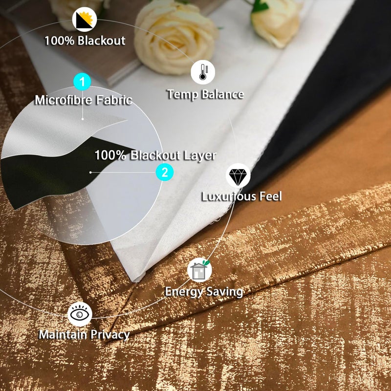 always4u 100% Blackout Soft Velvet Curtains for Bedroom Living Room Thermal Energy Saving 108 Inches Long Luxury Gold Foil Print Drapes 2 Panels Caramel - Image 3