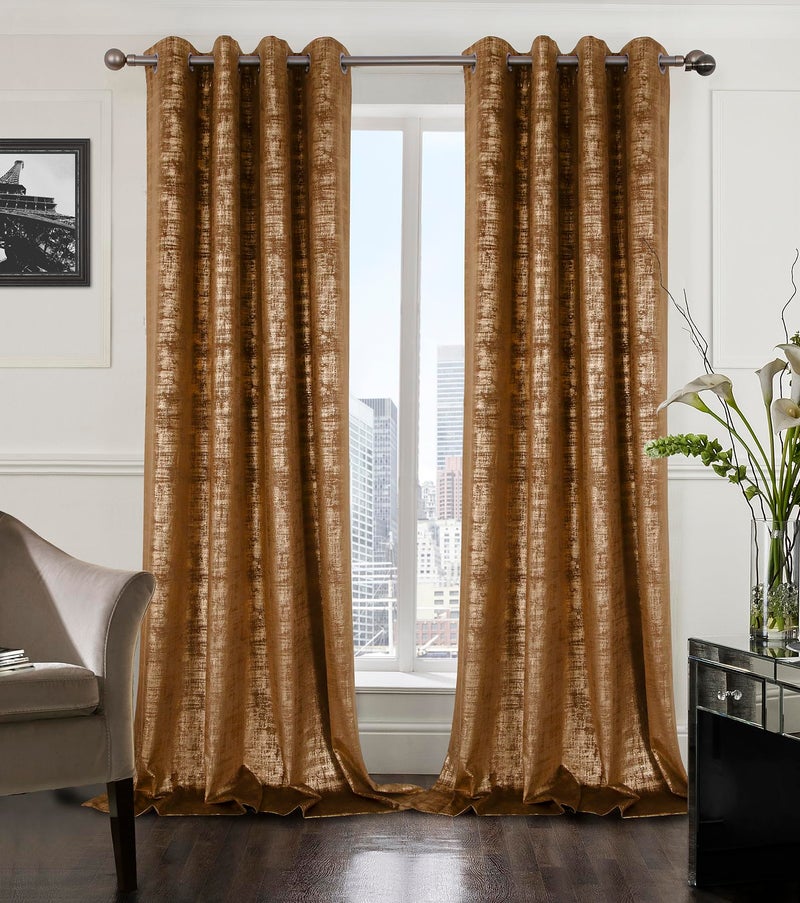 always4u 100% Blackout Soft Velvet Curtains for Bedroom Living Room Thermal Energy Saving 108 Inches Long Luxury Gold Foil Print Drapes 2 Panels Caramel - Image 1