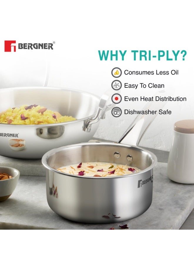 Bergner TriPro 3 Pcs Tri-Ply Stainless Steel Induction Bottom Cookware Set - 22cm (2.1L) Kadai and 22cm (1L) Frypan, 14cm (1.1L) Teapan, Less Oil Use, Easy to Clean - Induction and Gas Stove Ready - Image 4