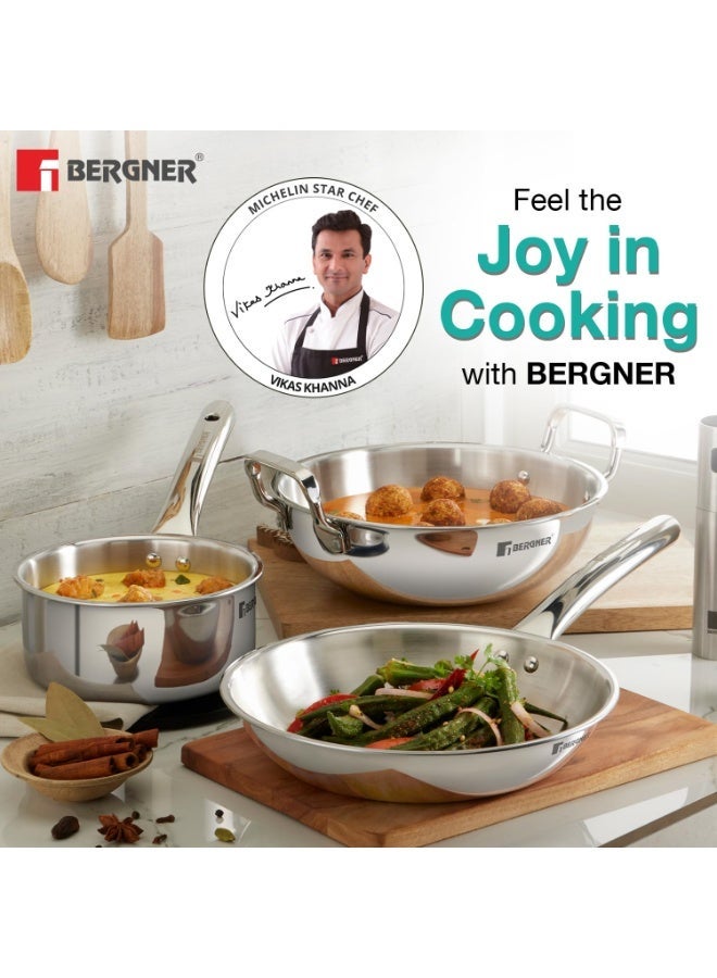 Bergner TriPro 3 Pcs Tri-Ply Stainless Steel Induction Bottom Cookware Set - 22cm (2.1L) Kadai and 22cm (1L) Frypan, 14cm (1.1L) Teapan, Less Oil Use, Easy to Clean - Induction and Gas Stove Ready - Image 3
